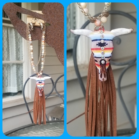 🌈LAST 1 boho SteerHead Fringe Necklace Earring - Picture 3 of 7